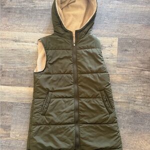 PrettyGarden Olive Green Hooded Puffer Vest - Long & Reversible